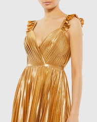 Gold Pleated Ruffled Sleeveless Gown