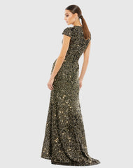 Black and Gold Cap Sleeve High Neck Sequin Gown