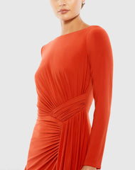 Orange Ruched Long Sleeve Boat Neck Gown