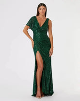 Green Sequined Asymmetrical Draped Trumpet Gown