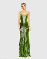 Green Metallic Corset Back Column Gown