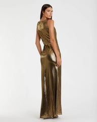 Gold Metallic Ruched Front Slip V-Neck Gown
