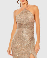 Gold Halter Neck Ruched Side Front Slit Sequin Gown
