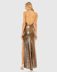 Gold High Neck Crystal Detail Metallic Slit Gown