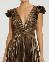 Gold Ruffle Sleeve Cutout Pleated Metallic Gown