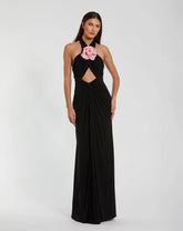 Black Jersey Crossover Halter Neck Gown With 3D Flower