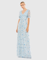 Blue Embellished V-Neck Empire Waist Ruffle Hem Gown