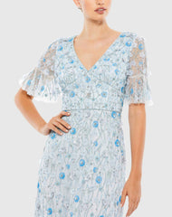 Blue Embellished V-Neck Empire Waist Ruffle Hem Gown