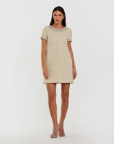 Ivory Short Sleeve Embellished Boucle Mini Dress