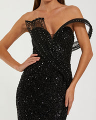 Black Embellished Strapless Gown with Sculptural Drape