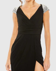 Black V Neck Embellished Cap Sleeve Faux Wrap Slit Gown
