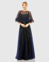 Blue Embellished A Line Gown with Feather Detail Cape