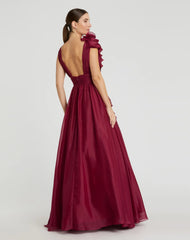 Burgundy Ruffle Shoulder V-Neck Chiffon Gown