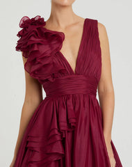 Burgundy Ruffle Shoulder V-Neck Chiffon Gown