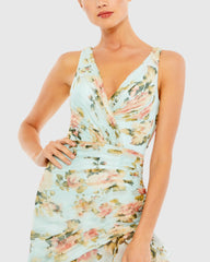 Blue Floral Print Asymmetrical Ruffle Hem Dress