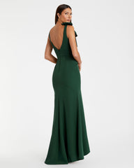 Green Sleeveless V Neck Bow Detail Mermaid Gown