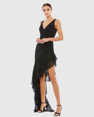 Black Asymmetrical Ruffled V-Neck Chiffon Dress