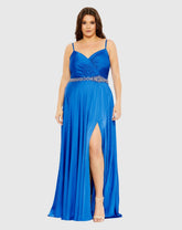 Blue Beaded Belt Faux Wrap A Line Gown (Plus)
