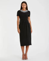 Black Short Sleeve Rhinestone Neckline Sheath Dress