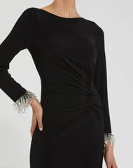 Black Long Sleeve Jersey Gown With Beaded Cuff Sleeves