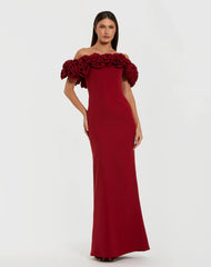 Red Crepe Off The Shoulder Column Gown With 3D Roses