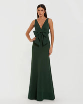 Green Crepe Sleeveless V-Neck Gown with Bow