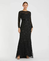 Black Long Sleeve Beaded Evening Gown