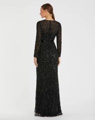 Black Long Sleeve Beaded Evening Gown