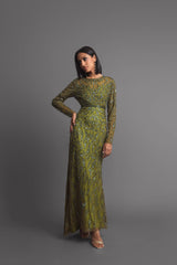 Green Long Sleeve Beaded Evening Gown