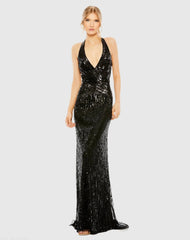Black Sleeveless Faux Wrap Sequin Embellished Cut Out Back Gown