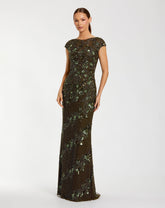 Green Floral Embellished Cap Sleeve Column Gown