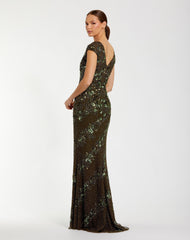 Green Floral Embellished Cap Sleeve Column Gown