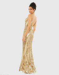 Gold Embellished Sleeveless Plunge Neck Low Back Gown