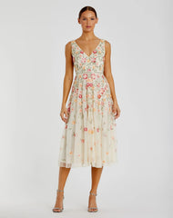 White V-Neck Sleeveless Midi Floral Beaded A-line Dress