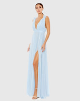 Blue Pleated Chiffon Sleeveless V-Neck Gown