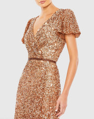 Copper Sequined Wrap Over Butterfly Sleeve Draped Gown