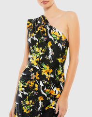 Black Floral Print Draped One Shoulder Midi Dress