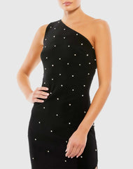 Black Rhinestone One Shoulder Asymmetrical Midi Dress