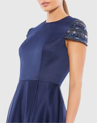 Navy High Neck Cap Sleeve Tea Length Dress