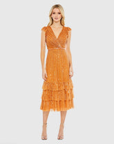 Orange Sequined Wrap Over Cap Sleeve Ruffle Hem Dress