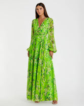 Green Puff Sleeve Floral Chiffon Gown