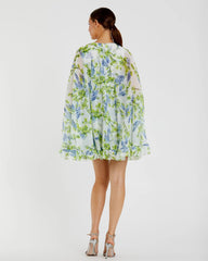 Multicolor Floral Print High Neck Ruffle Hem Cape Mini Dress