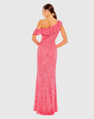 Pink Sequined Drop Shoulder Trumpet Gown