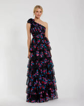Black Floral Chiffon One Shoulder Tiered Ruffle Gown