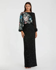 Black High Neck Long Sleeve Sequin Gown
