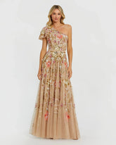 Gold One Shoulder Floral Embellished Gown