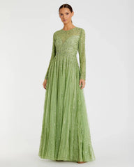 Green Illusion High Neck Long Sleeve Embellished Gown