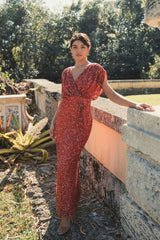 Red Draped Sleeve V Neck Gown