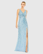 Blue Sequined Faux Wrap Sleeveless Gown