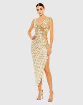 Gold Sequined Faux Wrap Sleeveless Midi Dress